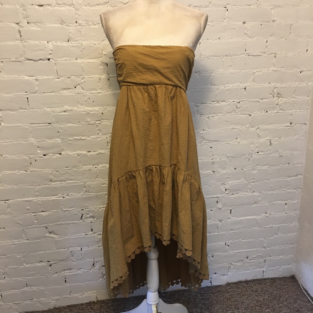 Maeve Anthropologie high low maxi dress tassel trim green size xs